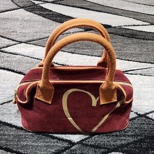 VINTAGE VS "SEXIEST ON EARTH"  VELOUR GOLD SHINE HEART CHARM MINI BOWLER SATCHEL